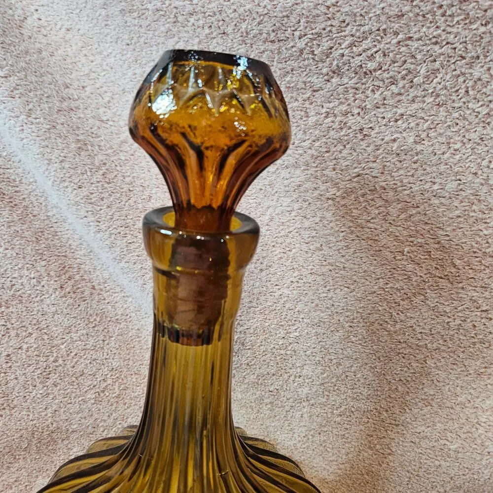 Vintage Empoli Italian Amber Glass Diamond Pattern Decanter & Ashtray Set